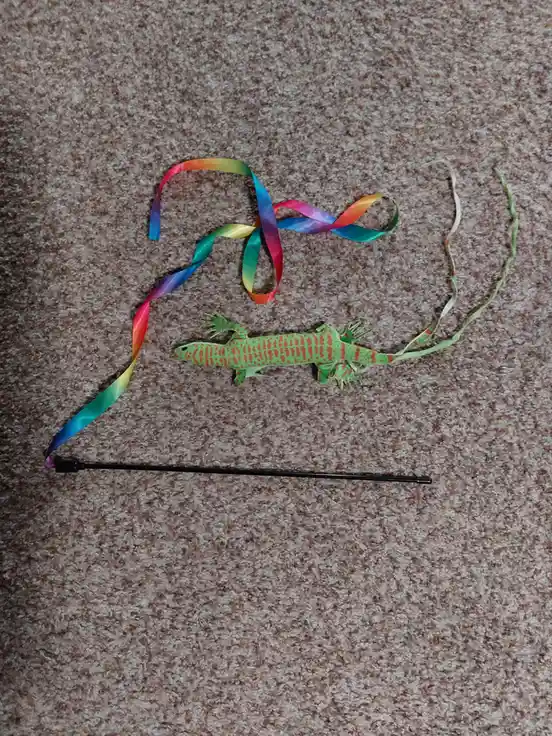 A green lizard toy with orange spots lies on a beige carpet, its tail replaced by a rainbow-colored ribbon attached to a…