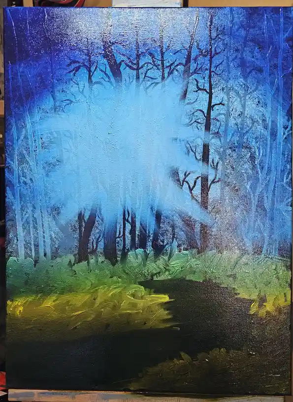 An oil painting on canvas depicts a forest scene with dark, bare tree silhouettes against a blue sky and misty background…