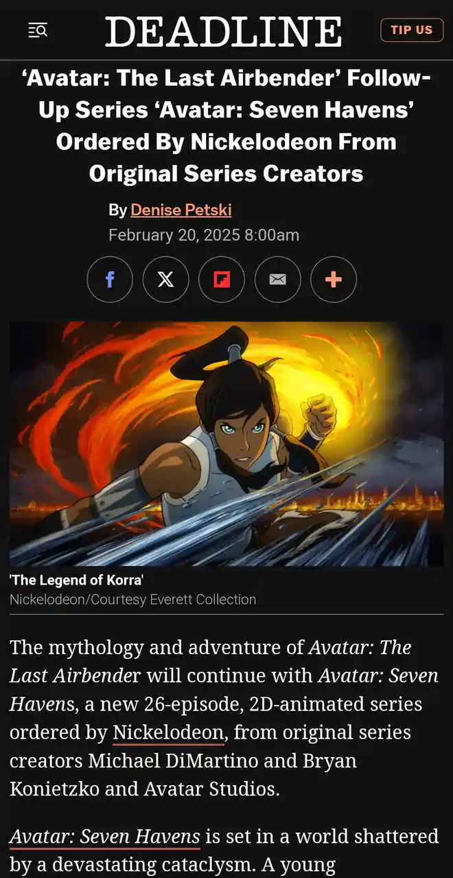 A screenshot of a Deadline article announcing 'Avatar: Seven Havens' as a new Nickelodeon series, featuring an image of…