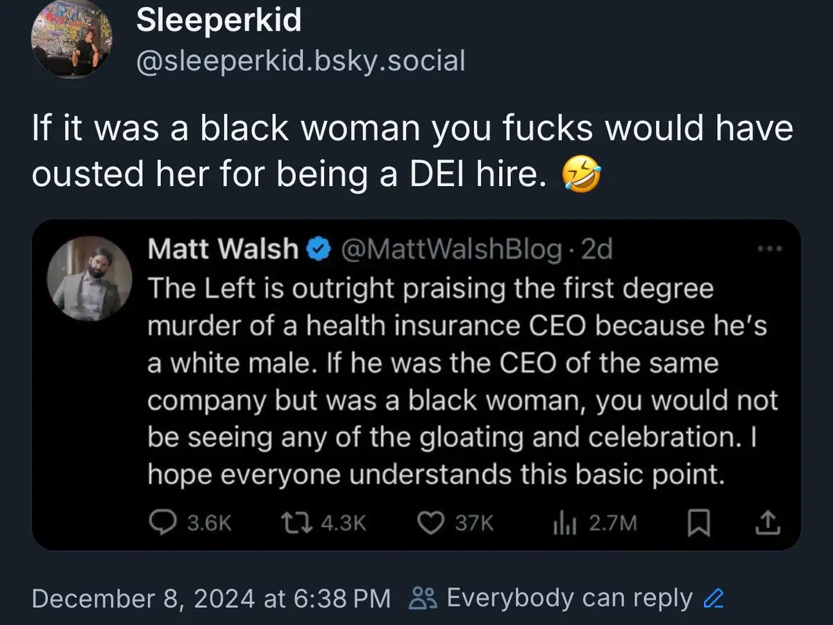 A screenshot of a social media post by 'Sleeperkid' replying to a tweet by Matt Walsh. Walsh's tweet claims the 'Left' is…