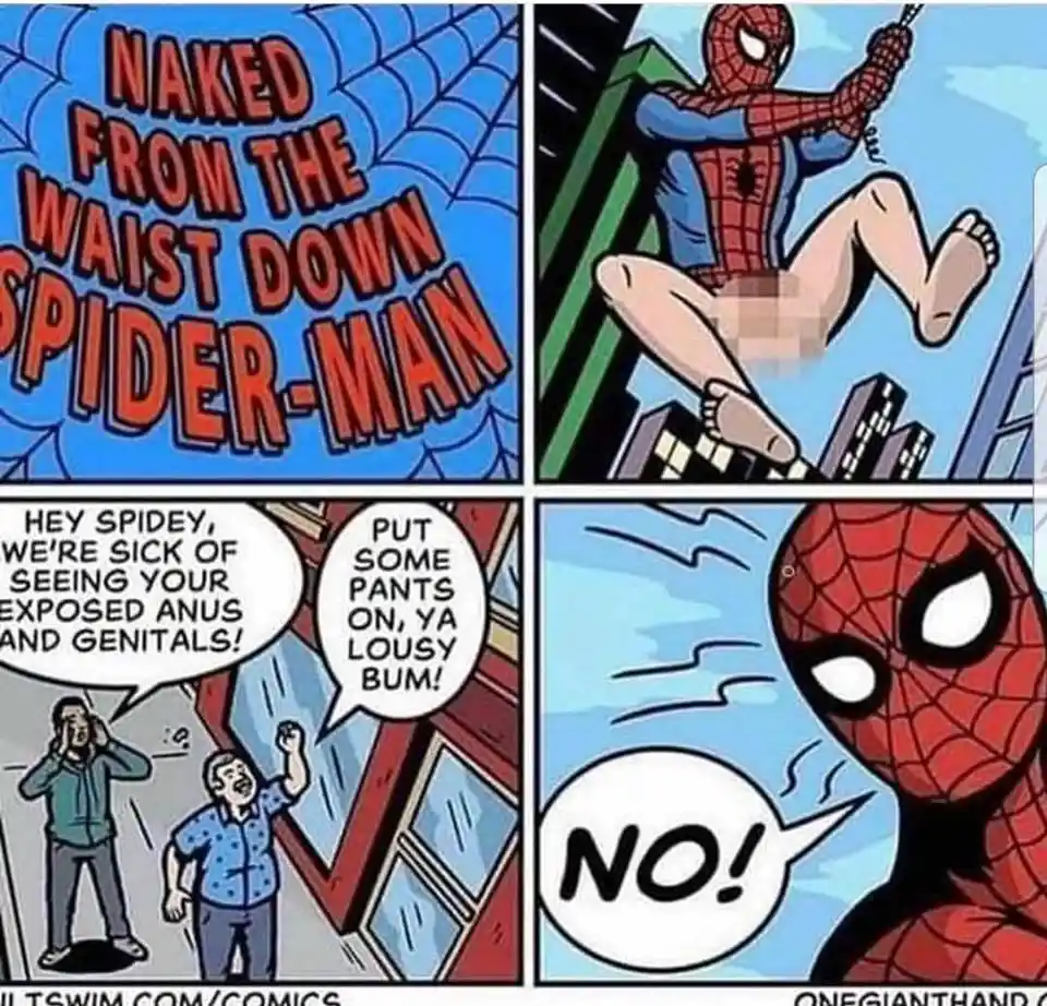 A four-panel comic strip parody showing Spider-Man without pants, with citizens complaining about his exposed anatomy and…