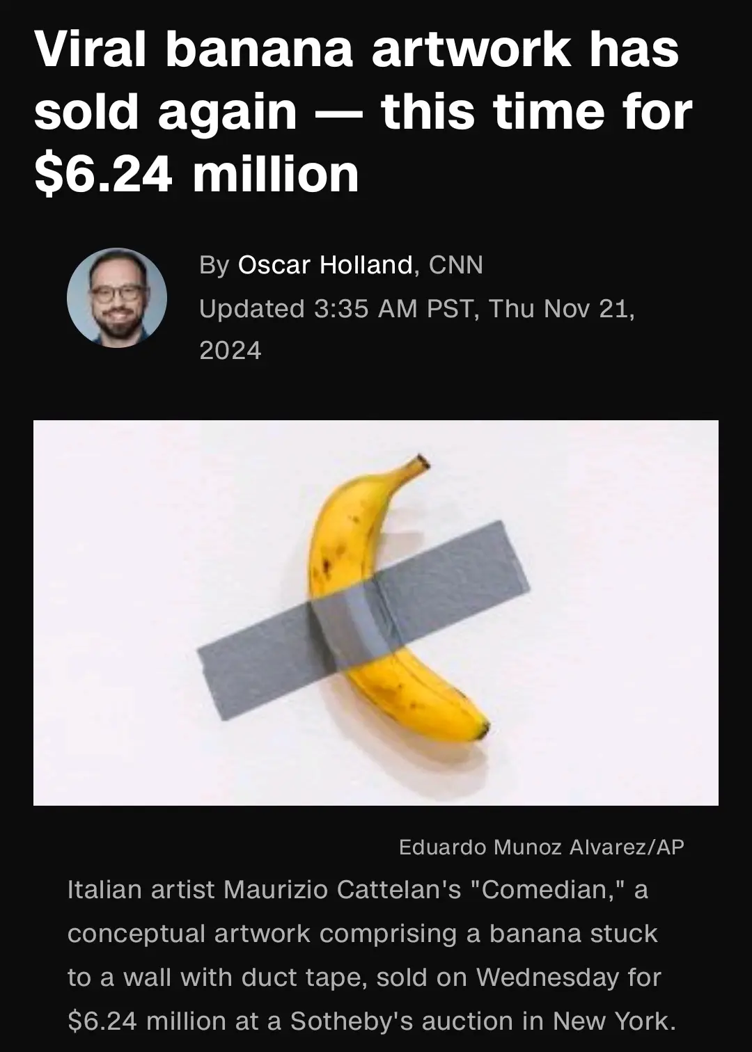 The image displays a news article snippet with a headline about a banana taped to a wall selling for $6.24 million. The…