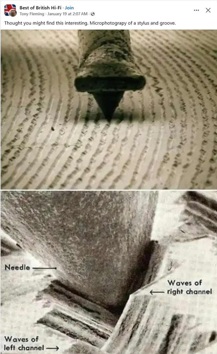 A black-and-white microphotograph shows a close-up of a vinyl record stylus tip hovering over the grooves. The bottom image…