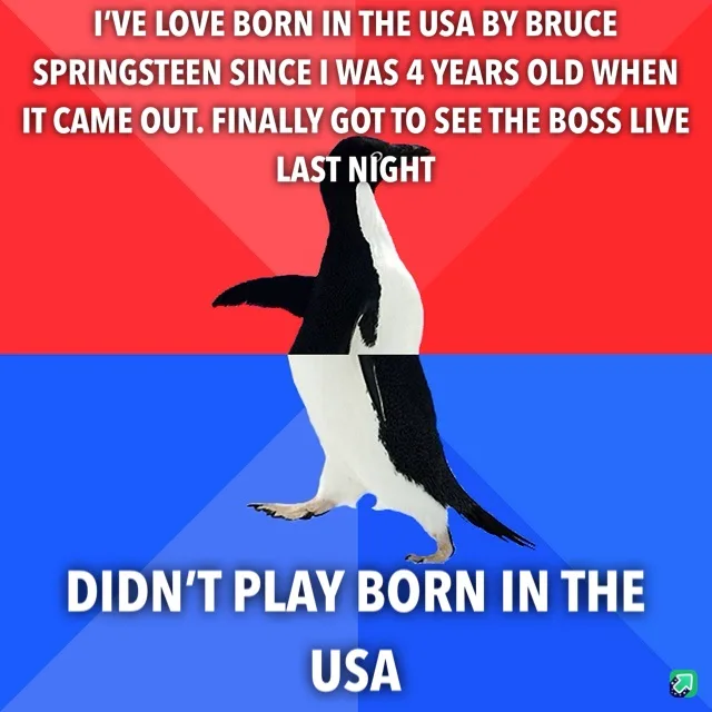 A penguin stands centered against a red and blue background, with white text overlaid. The top text reads 'I'VE LOVE BORN IN…
