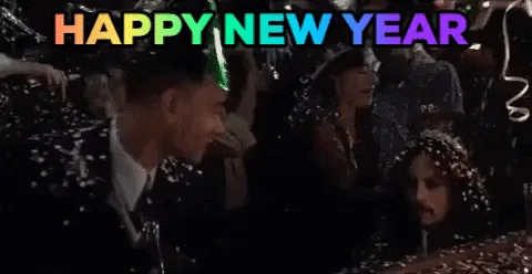 A six-panel image sequence from a New Year's Eve party scene, showing a man in a suit and a woman at a bar, both covered in…