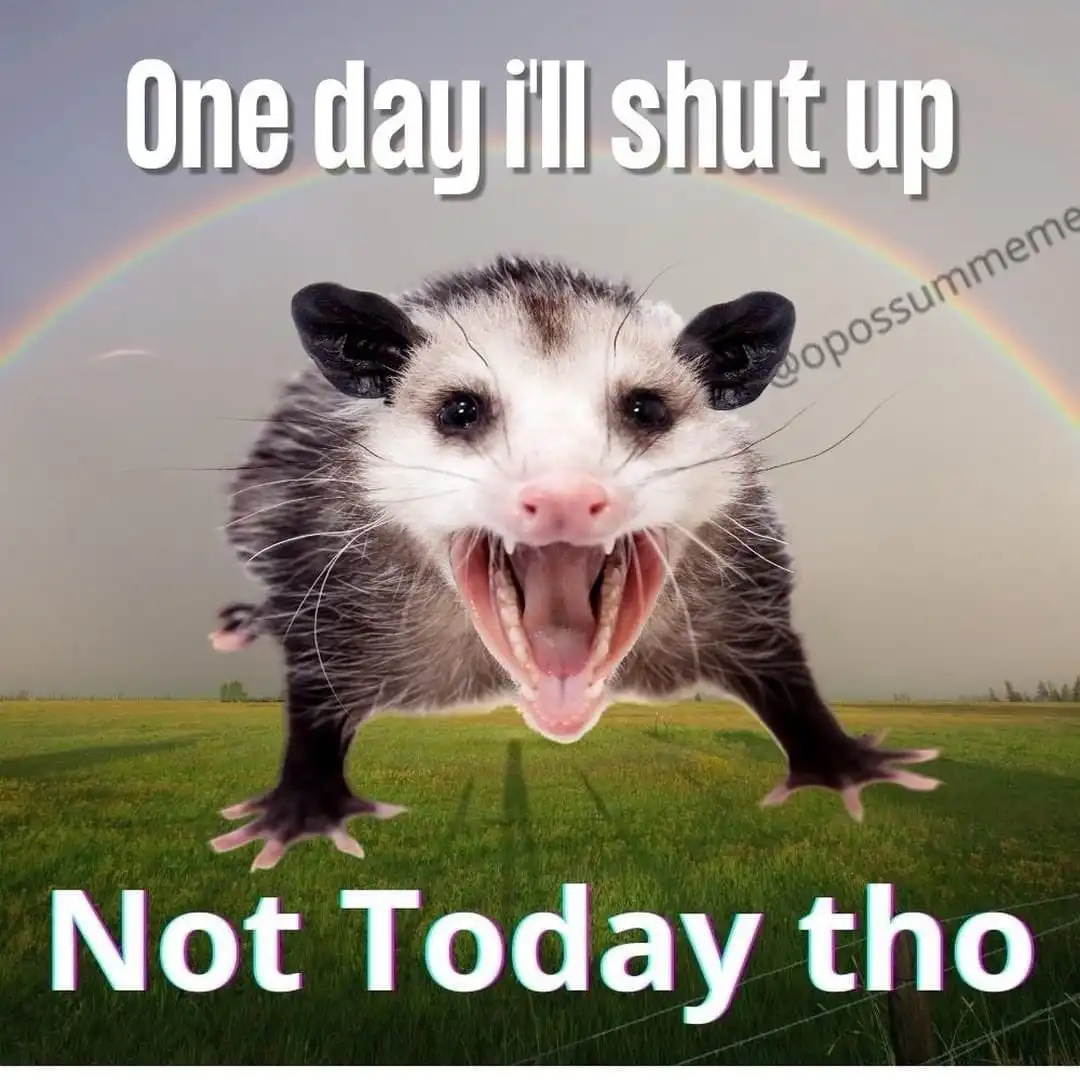 A close-up image of a startled-looking opossum with its mouth wide open in a scream, standing on a grassy field under a…
