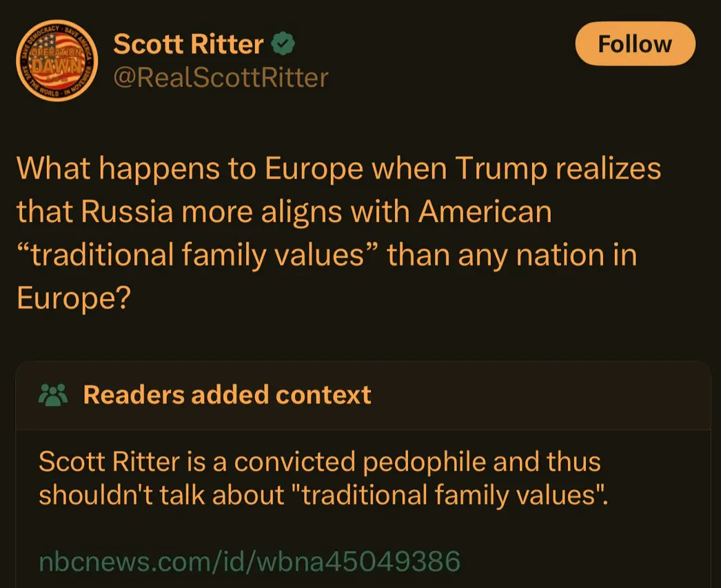 A screenshot of a tweet by Scott Ritter (@RealScottRitter) asking what happens to Europe if Trump realizes Russia aligns…