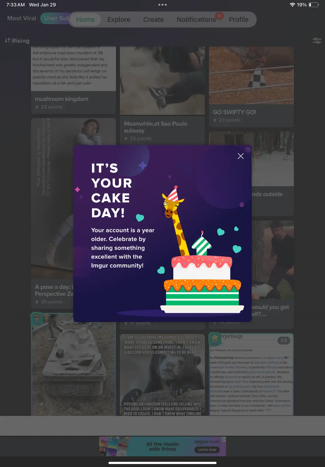A purple pop-up notification from Imgur appears over a blurred background of the app's home feed. The pop-up features a…