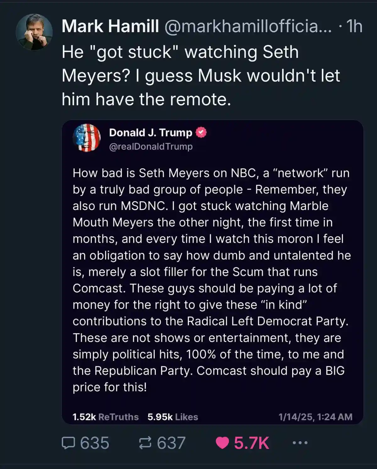 A screenshot of a tweet from Mark Hamill replying to a tweet from Donald J. Trump. Trump's tweet criticizes Seth Meyers…