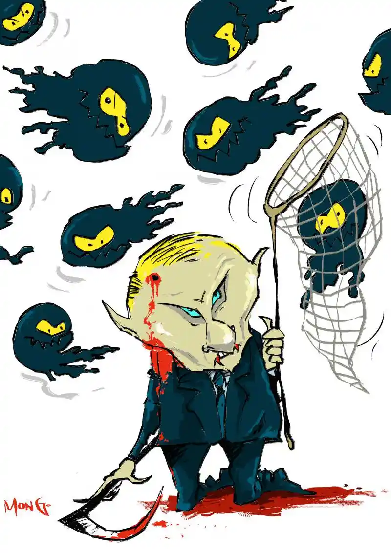 A cartoonish, pale-skinned, horned figure in a dark suit with blood on his face and clothes holds a scythe and a net. The…