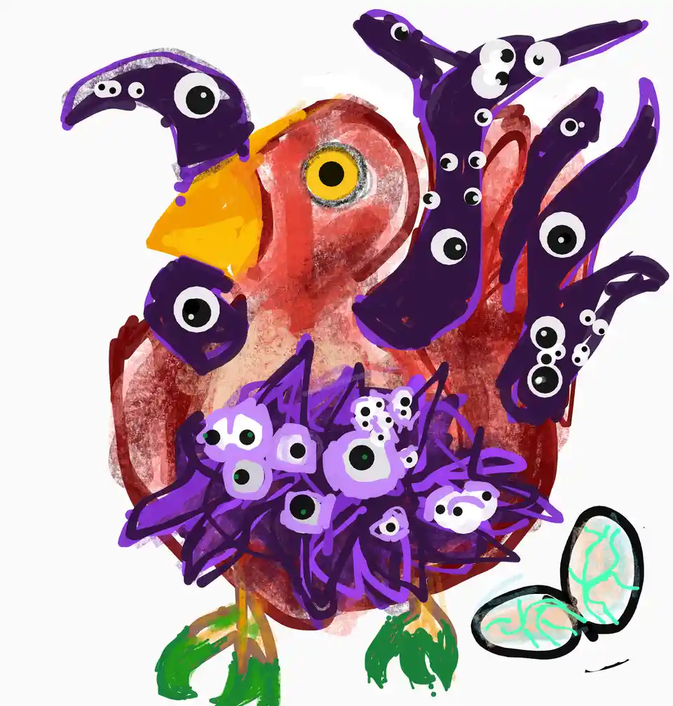 A cartoonish red bird with a large yellow eye is covered in numerous purple, multi-eyed creatures resembling octopuses or…
