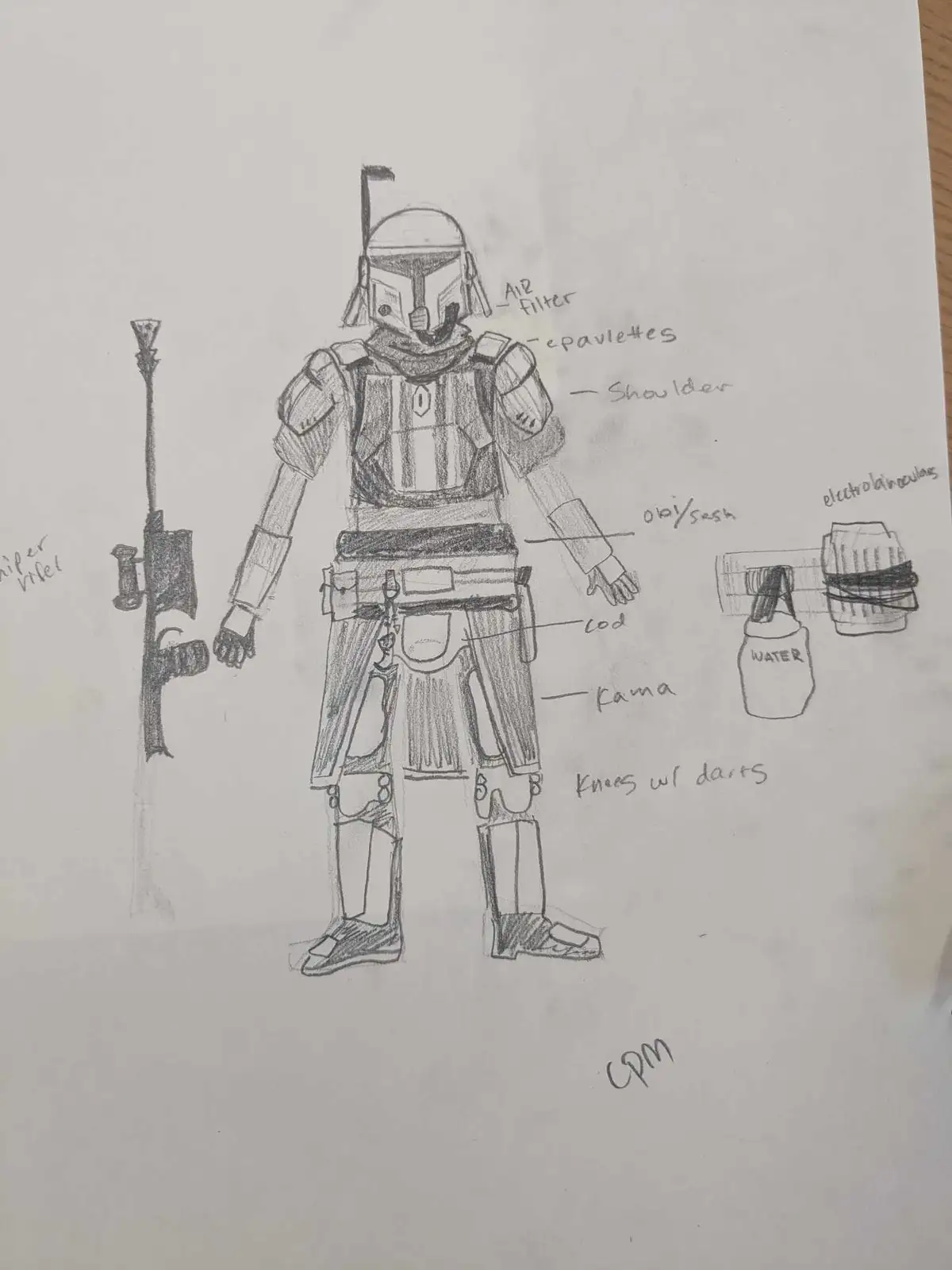 A hand-drawn pencil sketch of a Mandalorian-style armored figure, labeled with parts like 'Air Filter', 'epavlettes'…