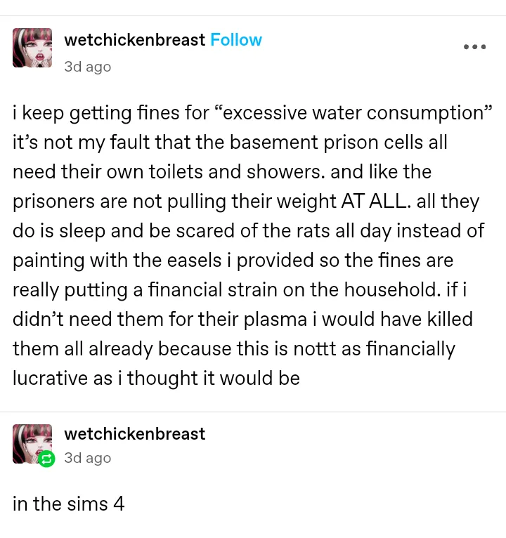 A screenshot of a social media post from a user named 'wetchickenbreast' complaining about in-game fines in The Sims 4. The…