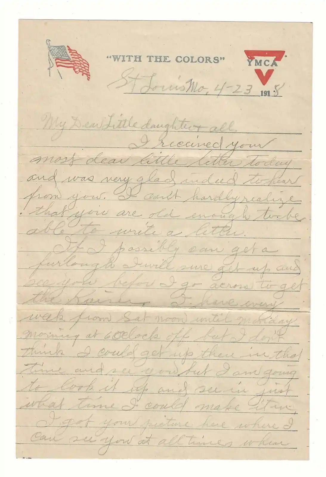 A vintage 1918 handwritten letter on YMCA 'With the Colors' stationery, addressed to a daughter, expressing a soldier's…