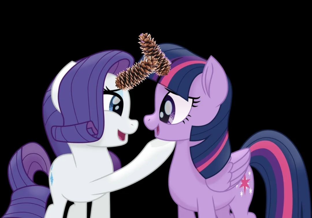 Two My Little Pony characters, Rarity and Twilight Sparkle, are shown facing each other with a pinecone digitally placed on…