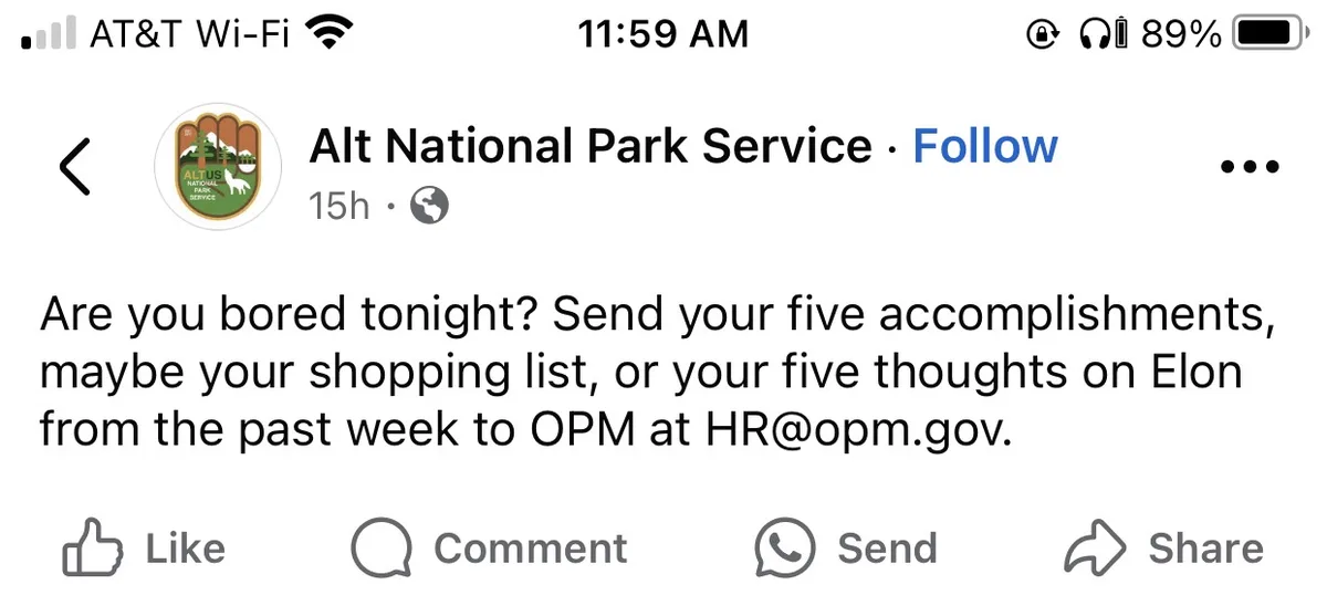 A screenshot of a social media post from a fake 'Altus National Park Service' account, which humorously asks users to send…