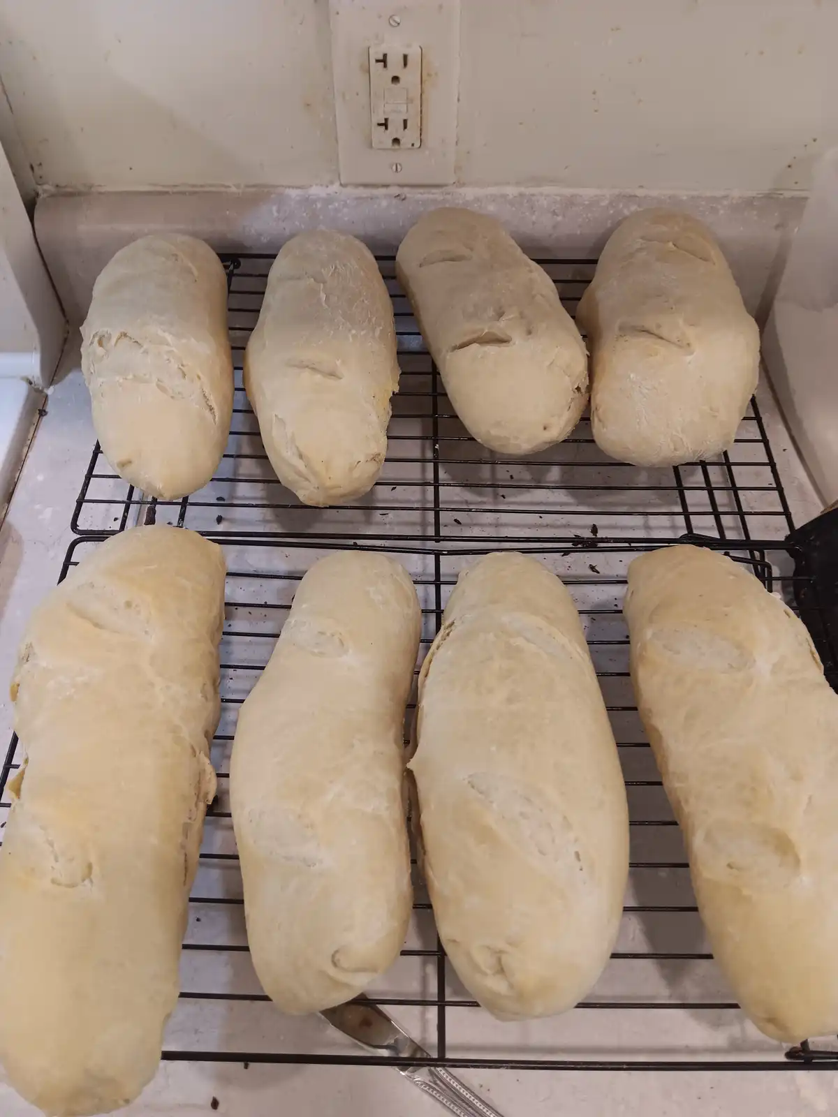 Eight uncooked, pale, oblong loaves of dough are arranged on two black wire cooling racks on a white countertop, with a wall…