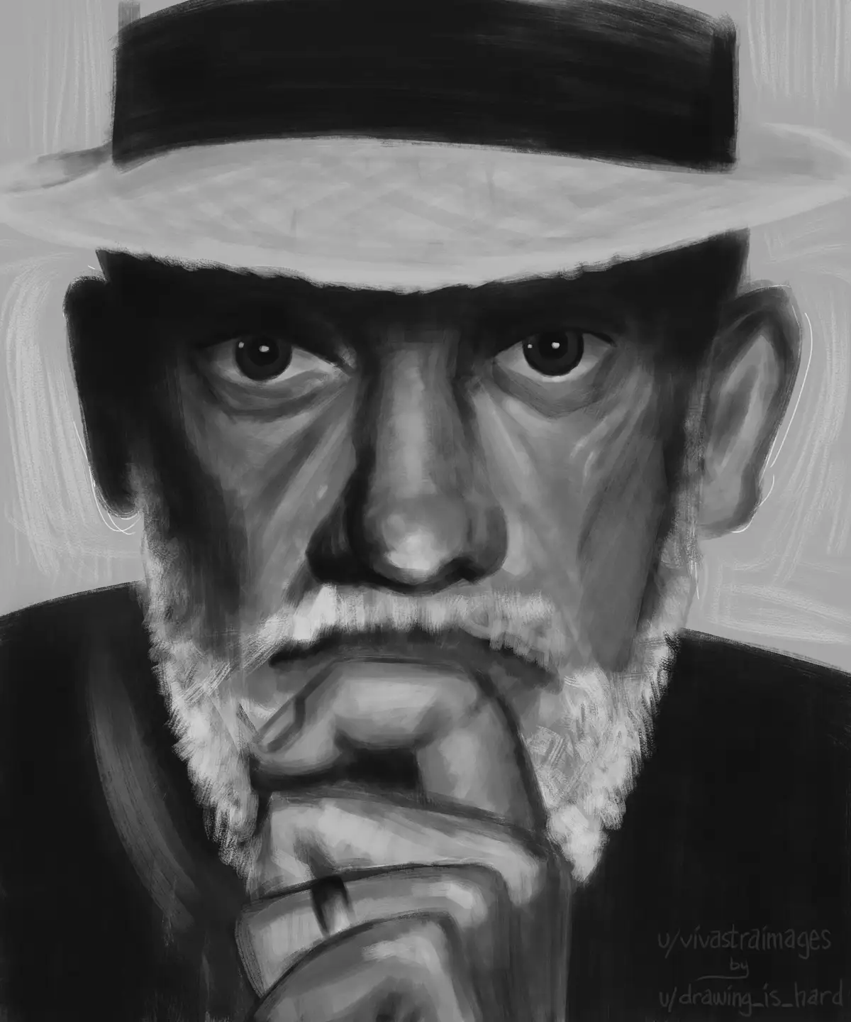 A black-and-white digital drawing shows a stern-looking man with a white beard and mustache, wearing a fedora and a dark…