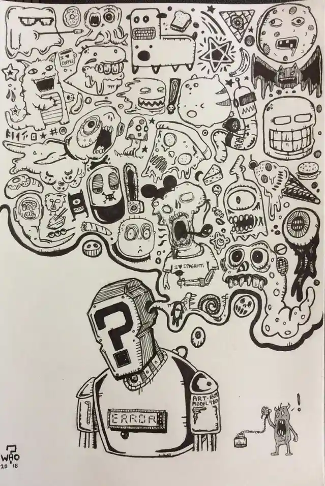 A black-and-white hand-drawn illustration shows a robot with a question mark for a head and 'ERROR' on its chest, surrounded…