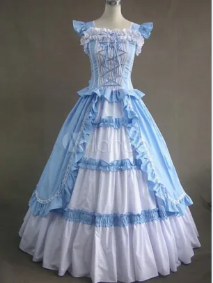 A mannequin displays a light blue and white Victorian-style dress with ruffles, lace, and a corseted bodice. Overlaid text…