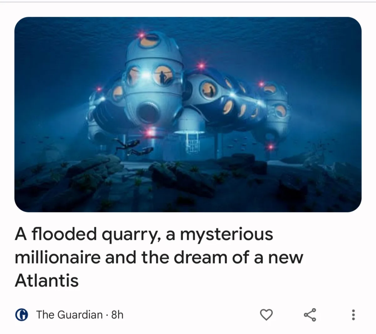 An underwater image shows a futuristic, multi-cylindered structure resembling a submerged habitat or spaceship, illuminated…