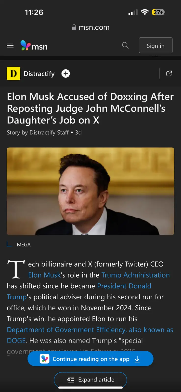 A screenshot of an MSN news article titled 'Elon Musk Accused of Doxxing After Reposting Judge John McConnell's Daughter's…