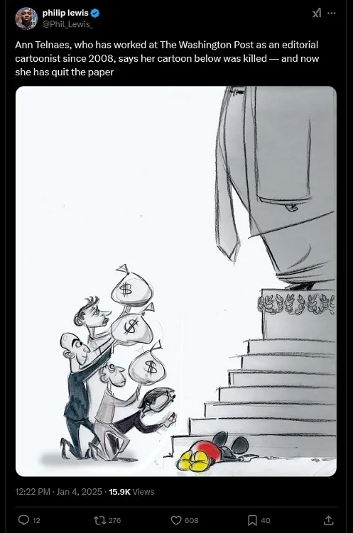 A black-and-white political cartoon shows three men in suits struggling to carry large sacks of money up a set of stairs…