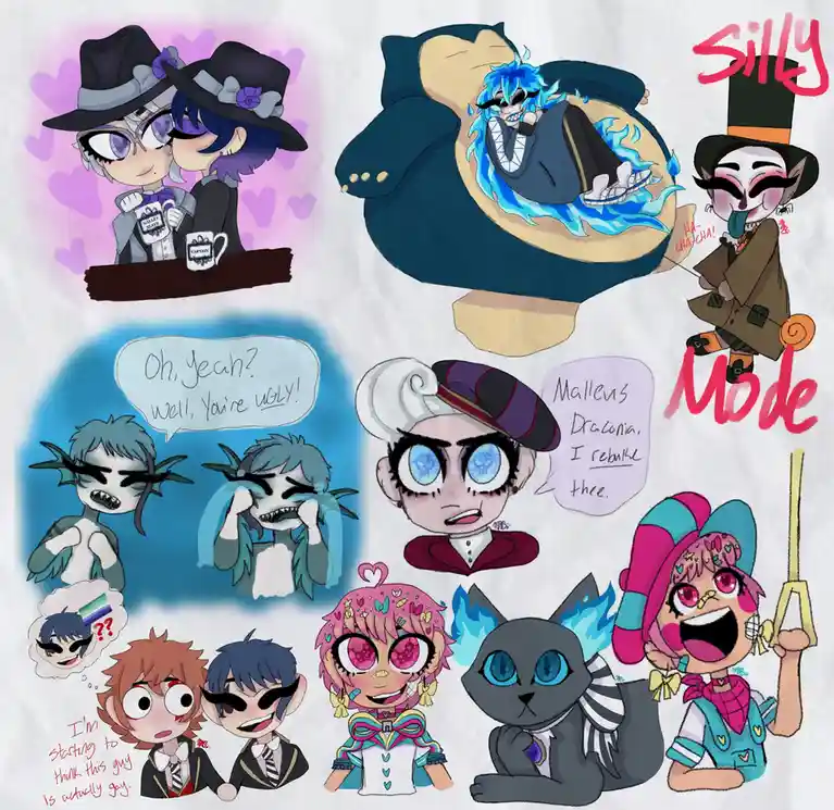 A collage of chibi anime-style characters in various expressive scenes: two characters in hats holding mugs, a blue-haired…