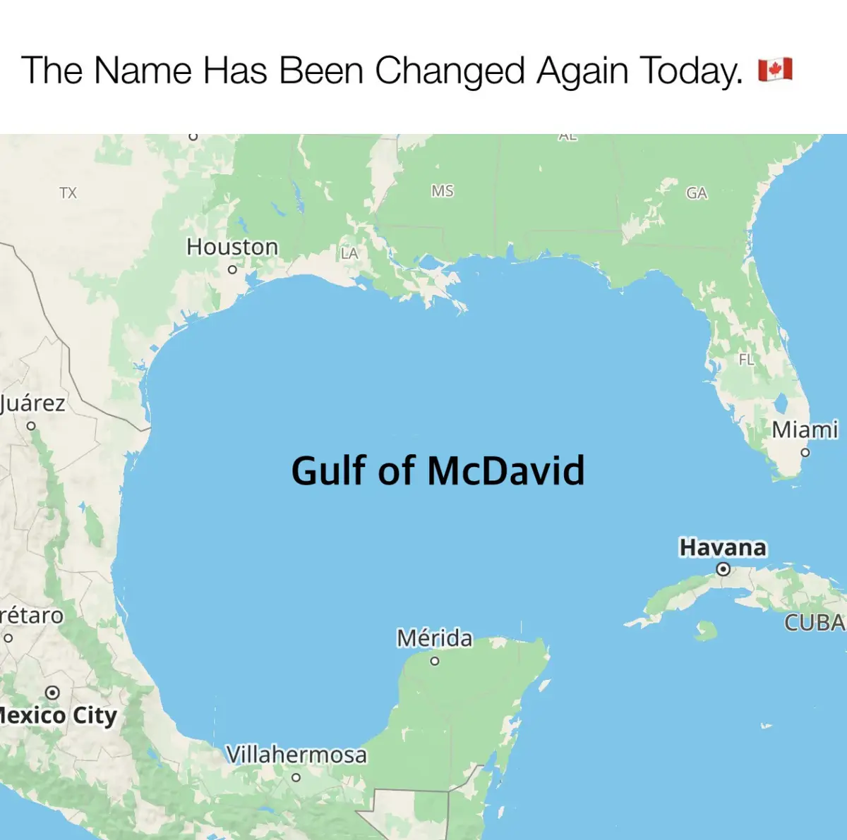 A map of the Gulf of Mexico region with the overlaid text 'Gulf of McDavid' replacing the actual name. The top banner reads…