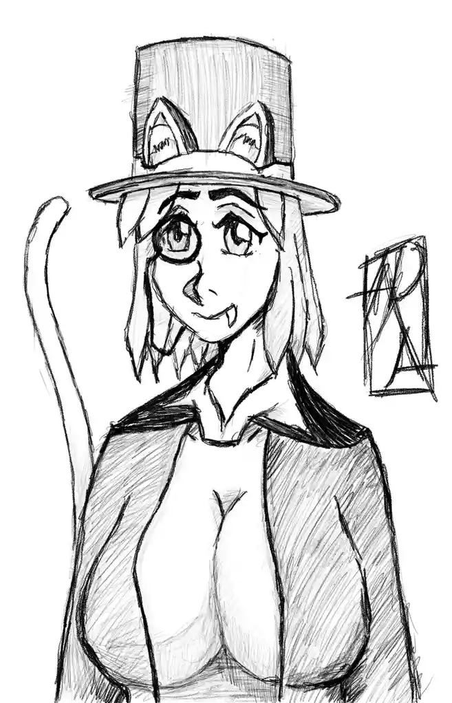 A black-and-white sketch of an anime-style female character with cat ears on a top hat, a tail, fangs, and a smug…