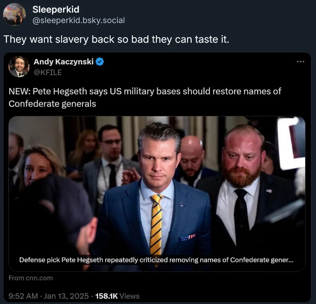 A screenshot of a social media post showing a tweet from Andy Kaczynski about Pete Hegseth's comments on restoring…