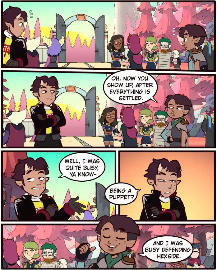 A four-panel comic strip from 'The Owl House' shows a character arriving late to a group of friends. The first panel shows…