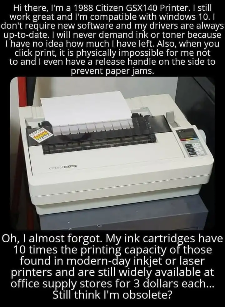 A white 1988 Citizen GSX140 dot matrix printer is shown with paper loaded, featuring a small logo and control panel…