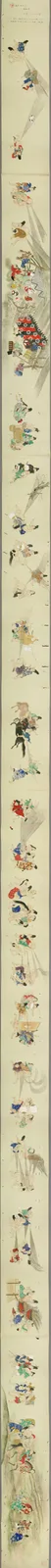 A long vertical Japanese scroll painting depicts numerous scenes of people in traditional attire engaging in various…