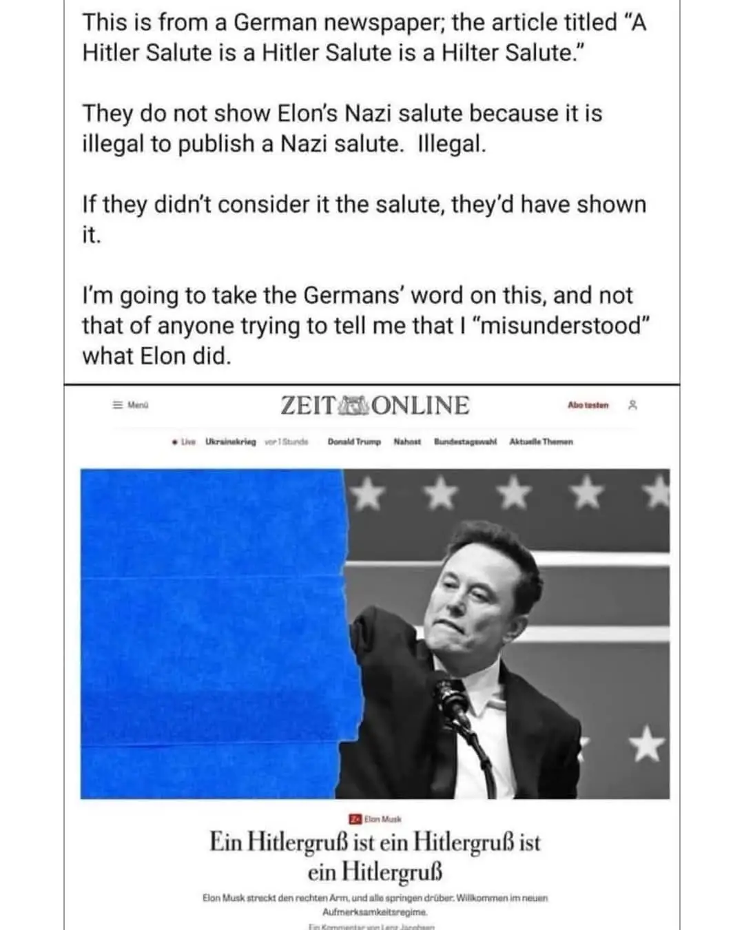 The image displays a screenshot of a German newspaper article from Zeit Online, featuring a black-and-white photo of Elon…