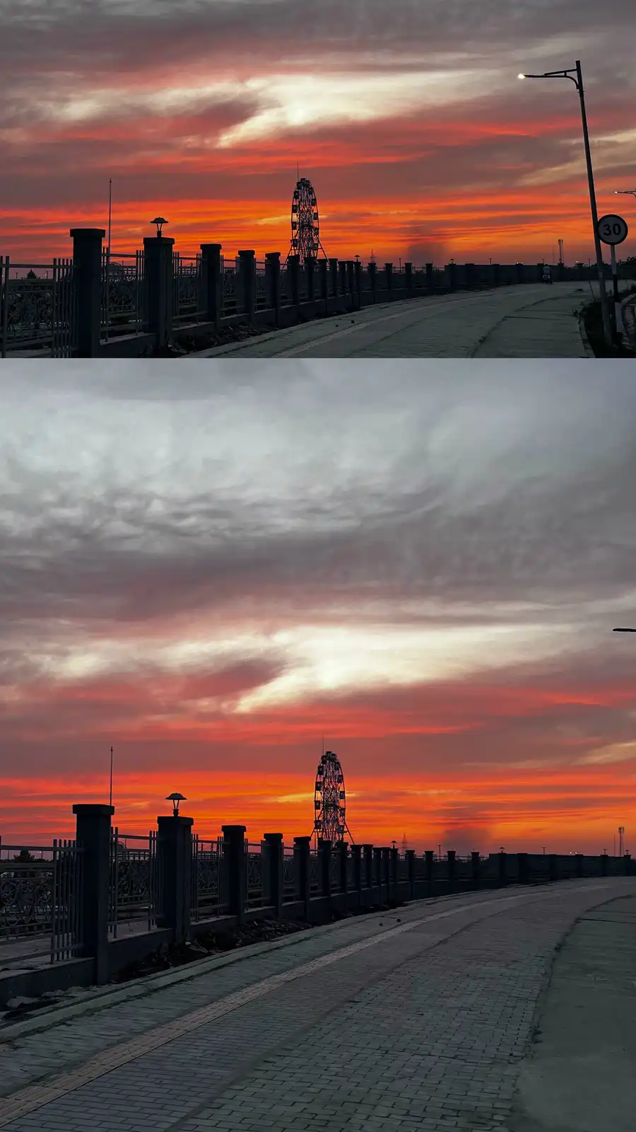 The image is split into two panels showing the same location: a paved walkway with a decorative fence and a distant Ferris…