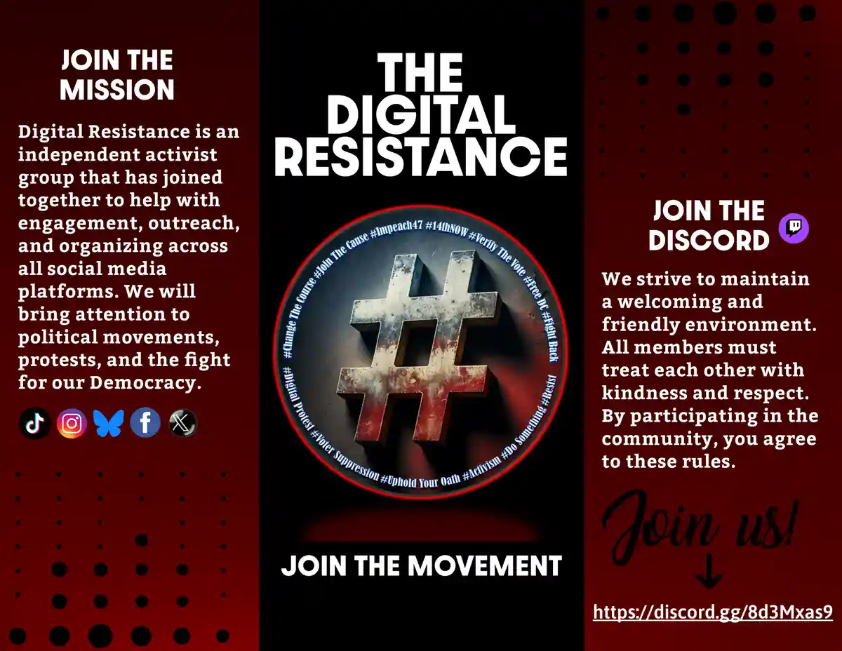 A promotional graphic for 'The Digital Resistance' activist group, featuring a large, weathered hashtag symbol in the…