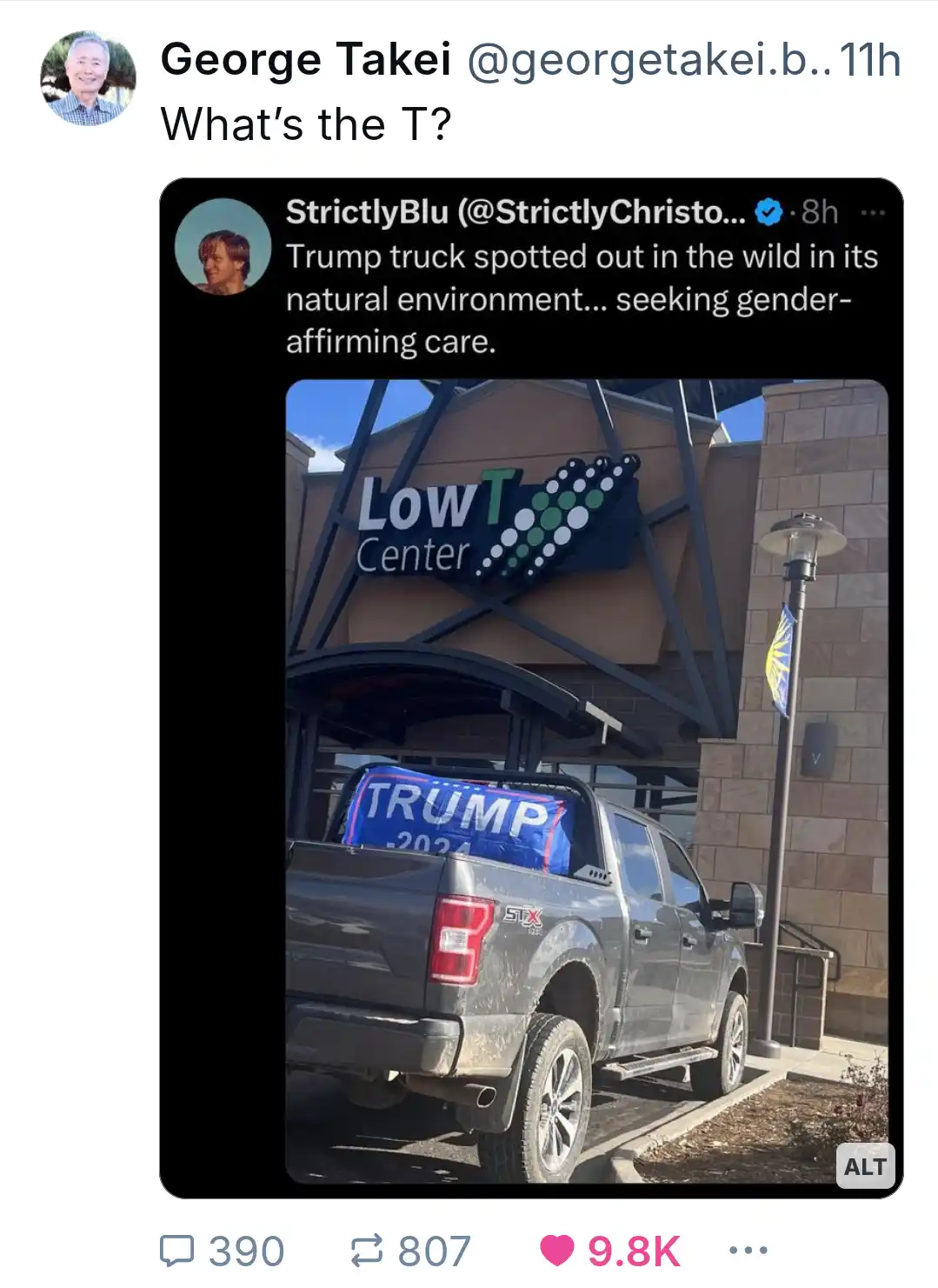 A screenshot of a tweet by George Takei replying to another tweet that shows a gray pickup truck with a 'TRUMP 2024' banner…
