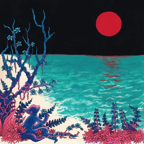 A stylized, colorful illustration depicts a blue, rabbit-like creature sitting on a beach under a large red moon, surrounded…
