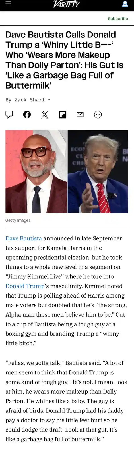 A screenshot of a Variety news article featuring side-by-side photos of Dave Bautista and Donald Trump. The headline and…