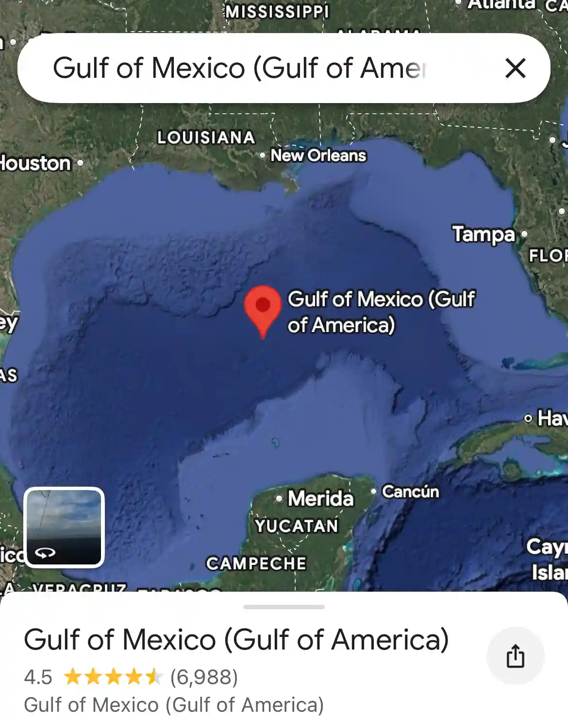 A screenshot of a Google Maps search result showing the Gulf of Mexico with a red pin and the label 'Gulf of Mexico (Gulf of…