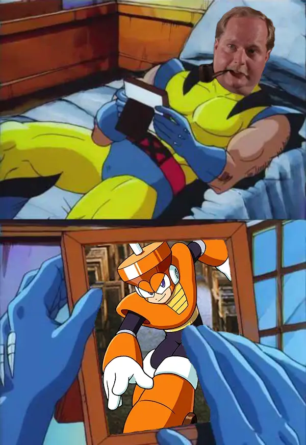 The top panel shows a man with a pipe in his mouth, wearing a yellow and blue superhero costume, lying in bed and reading a…