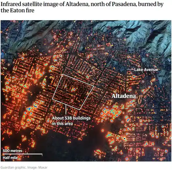 An infrared satellite image shows the town of Altadena, north of Pasadena, with thousands of glowing orange and red dots…