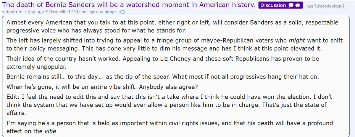 A Reddit post screenshot with black text on a white background, discussing Bernie Sanders' enduring influence and the…