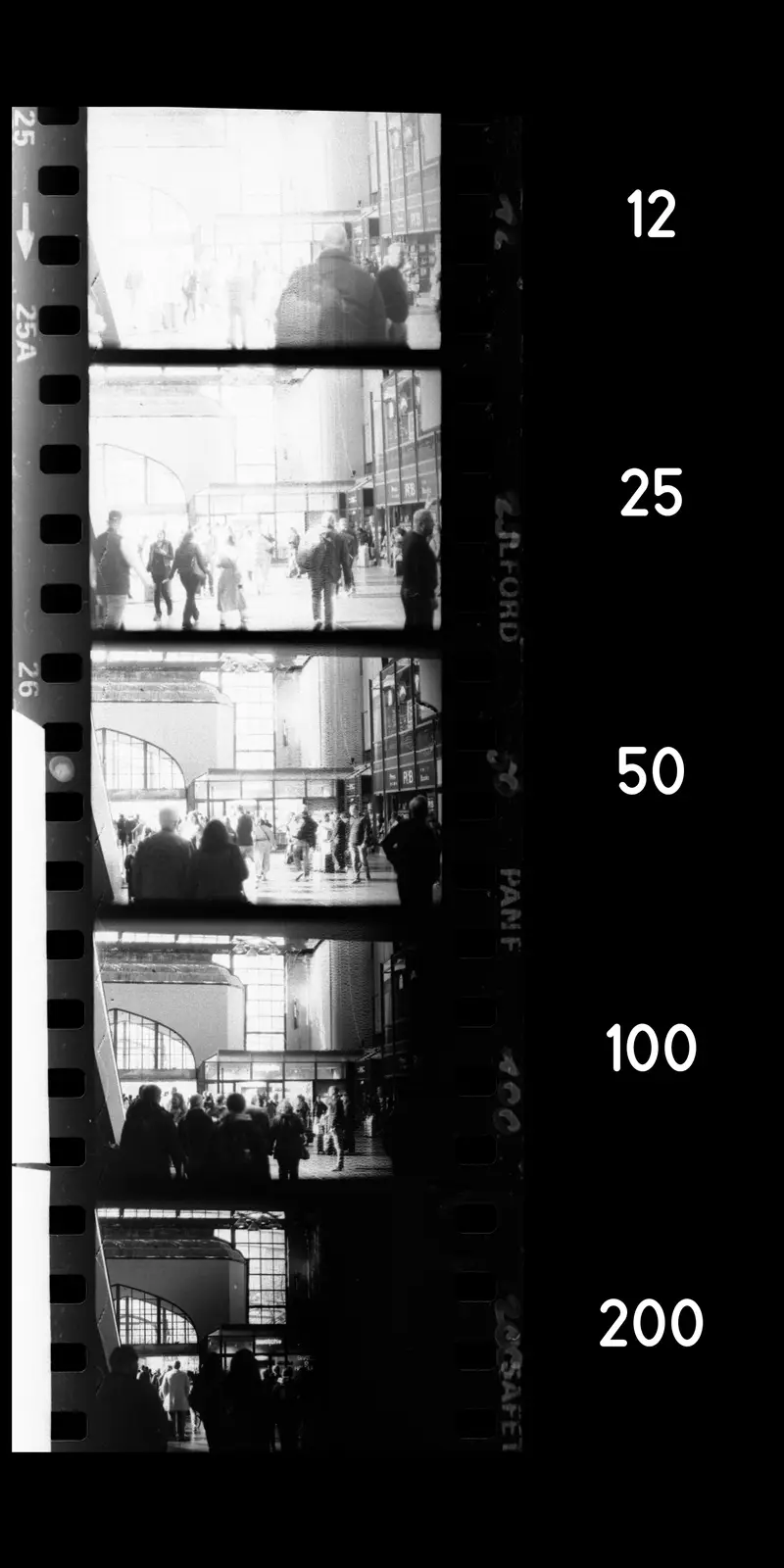 A black-and-white image of a film strip showing five frames of people walking through a busy train station, with the numbers…