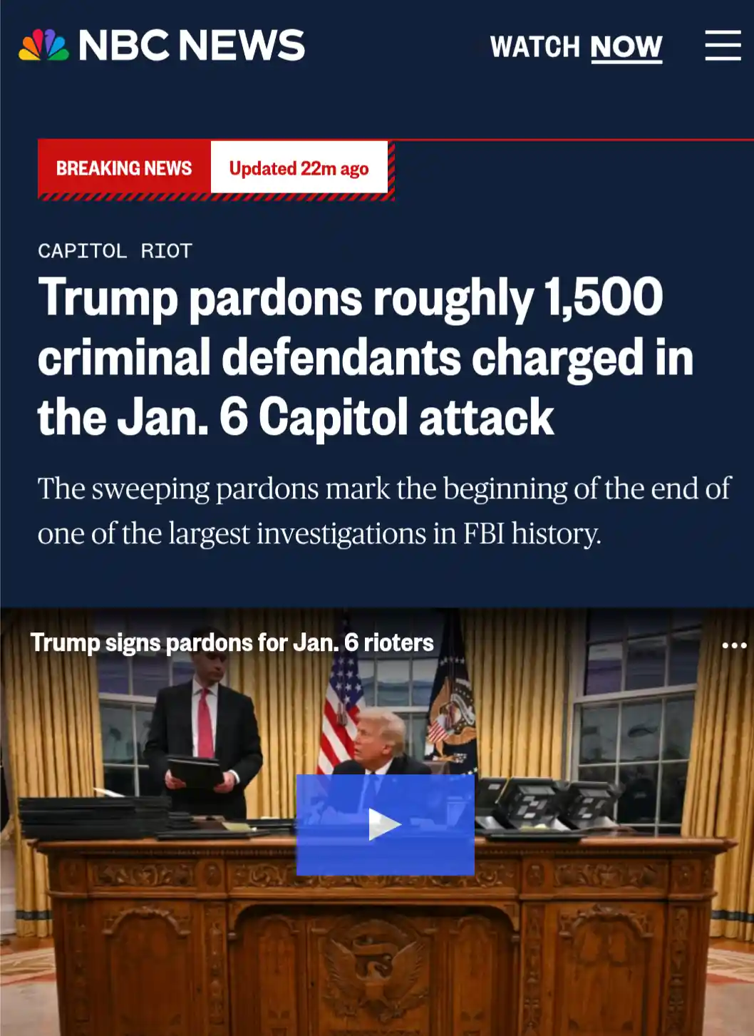 An NBC News webpage screenshot shows a breaking news headline about Trump pardoning 1,500 defendants from the Jan. 6 Capitol…
