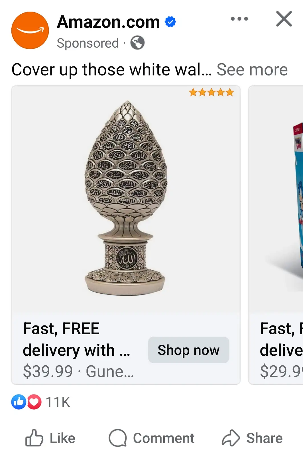 An Amazon.com sponsored ad screenshot shows a decorative, silver-colored, teardrop-shaped wall ornament with intricate…