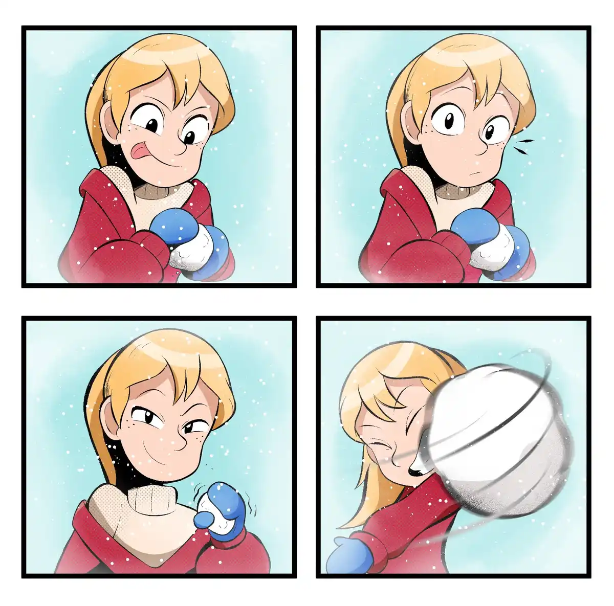 A four-panel comic strip shows a blonde-haired child in a red winter coat and blue gloves building a snowball, looking…