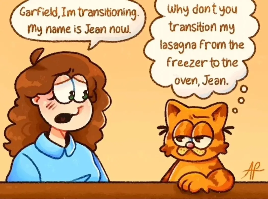 A cartoon depicts a person with brown curly hair and glasses, wearing a blue shirt, telling Garfield the cat, 'Garfield, I'm…