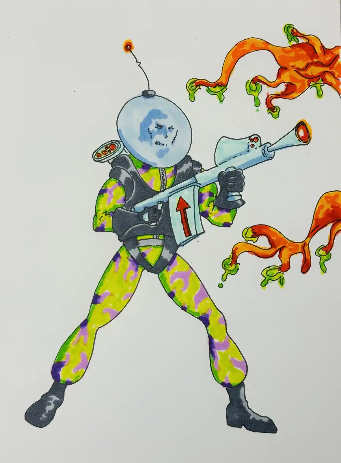 A hand-drawn illustration shows a cartoonish ghostbuster with a round blue helmet, antenna, and a colorful green-and-purple…